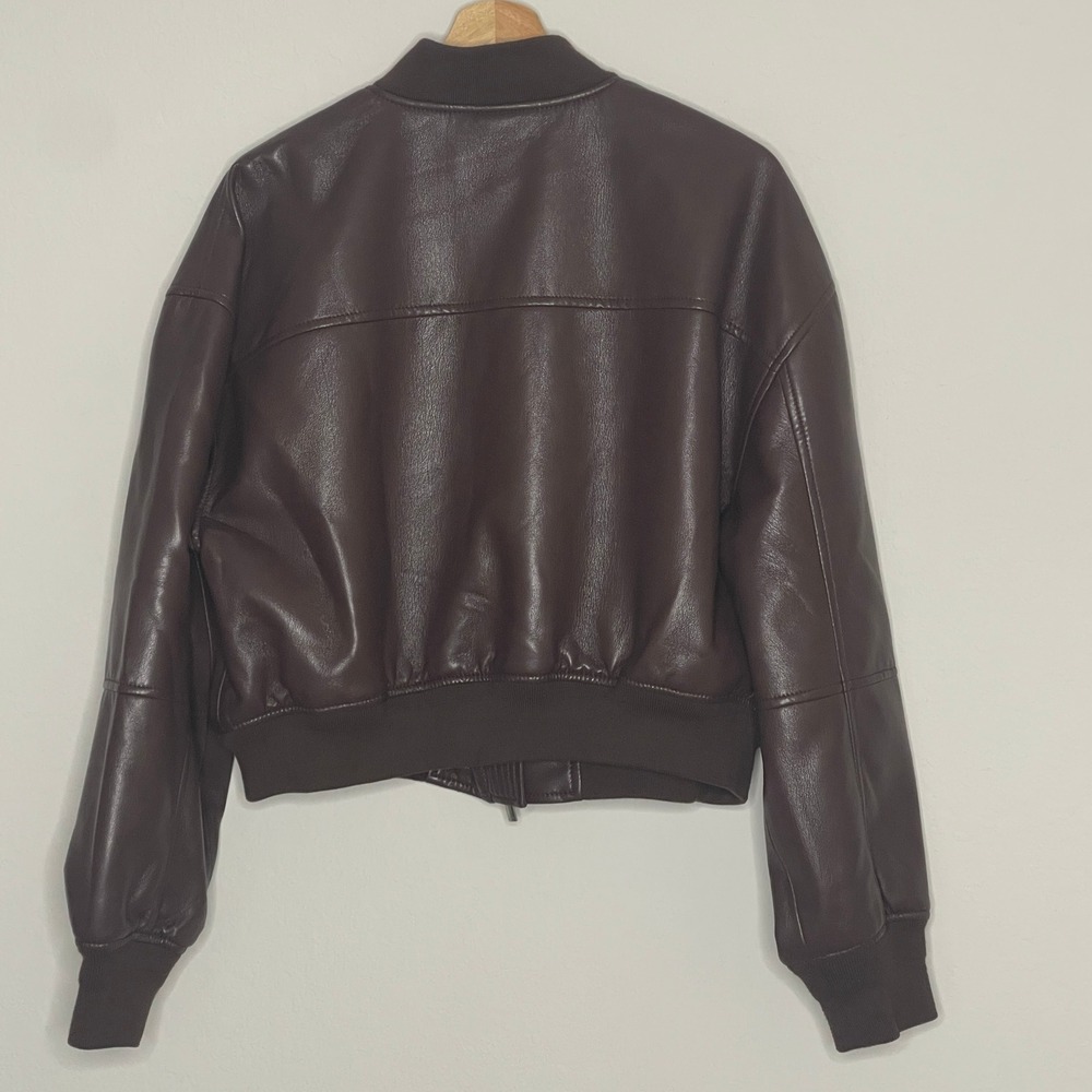 Babaton Chocolate Brown Leather Bomber Jacket - Picture 2 of 13